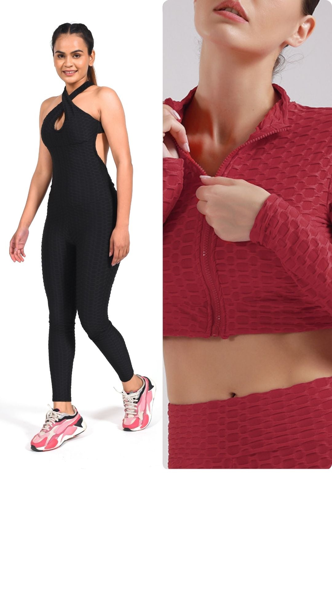 GYMSQUAD® COMBO OF ANTI-CELLULITE AND PUSH UP BLACK JUMPSUIT & RED JACKET