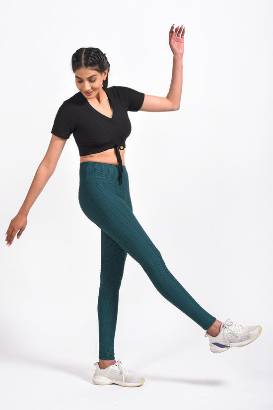 GYMSQUAD® ANTI-CELLULITE T-SHIRT BLACK & PUSH UP LEGGINGS GREEN COMBO