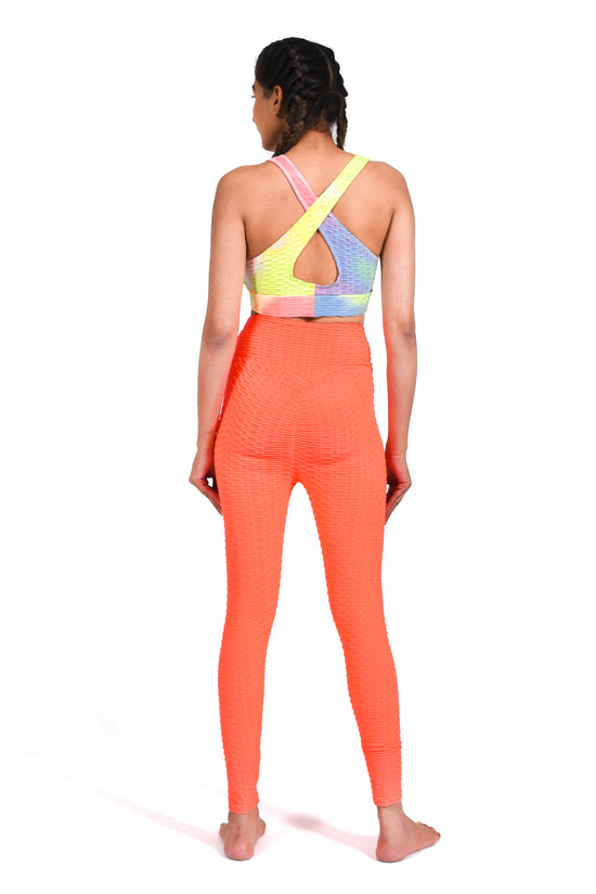 GYMSQUAD®  COMBO OF ANTI CELLULITE PUSH UP LEGGINGS (ORANGE)  & SPORTS BRA (TYEDYE YELLOW)