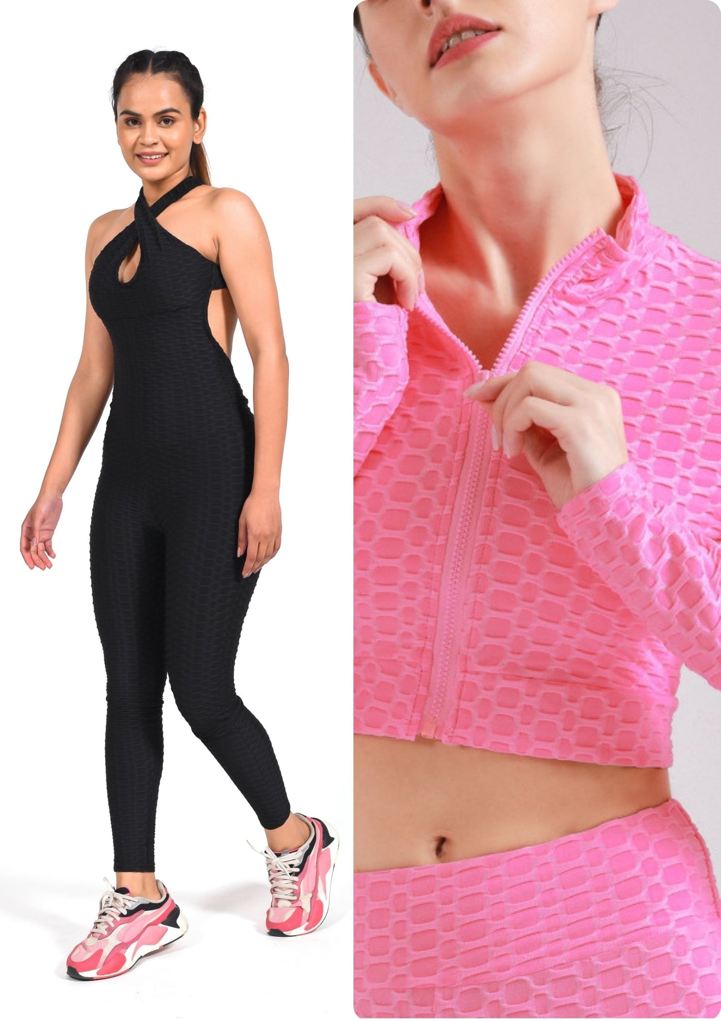 GYMSQUAD® COMBO OF ANTI-CELLULITE AND PUSH UP JUMPSUIT BLACK  & PINK JACKET