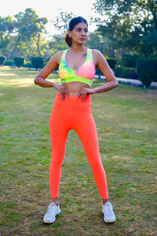 GYMSQUAD®  COMBO OF ANTI CELLULITE PUSH UP LEGGINGS (ORANGE)  & SPORTS BRA (TYEDYE YELLOW)