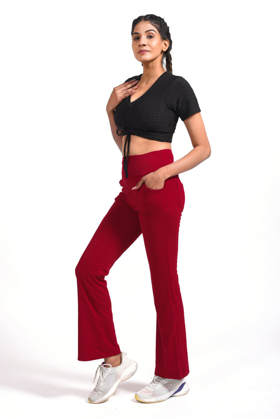 GYMSQUAD®  COMBO OF BLACK ANTI-CELLULITE T-SHIRT  & RED  FLARE PANTS