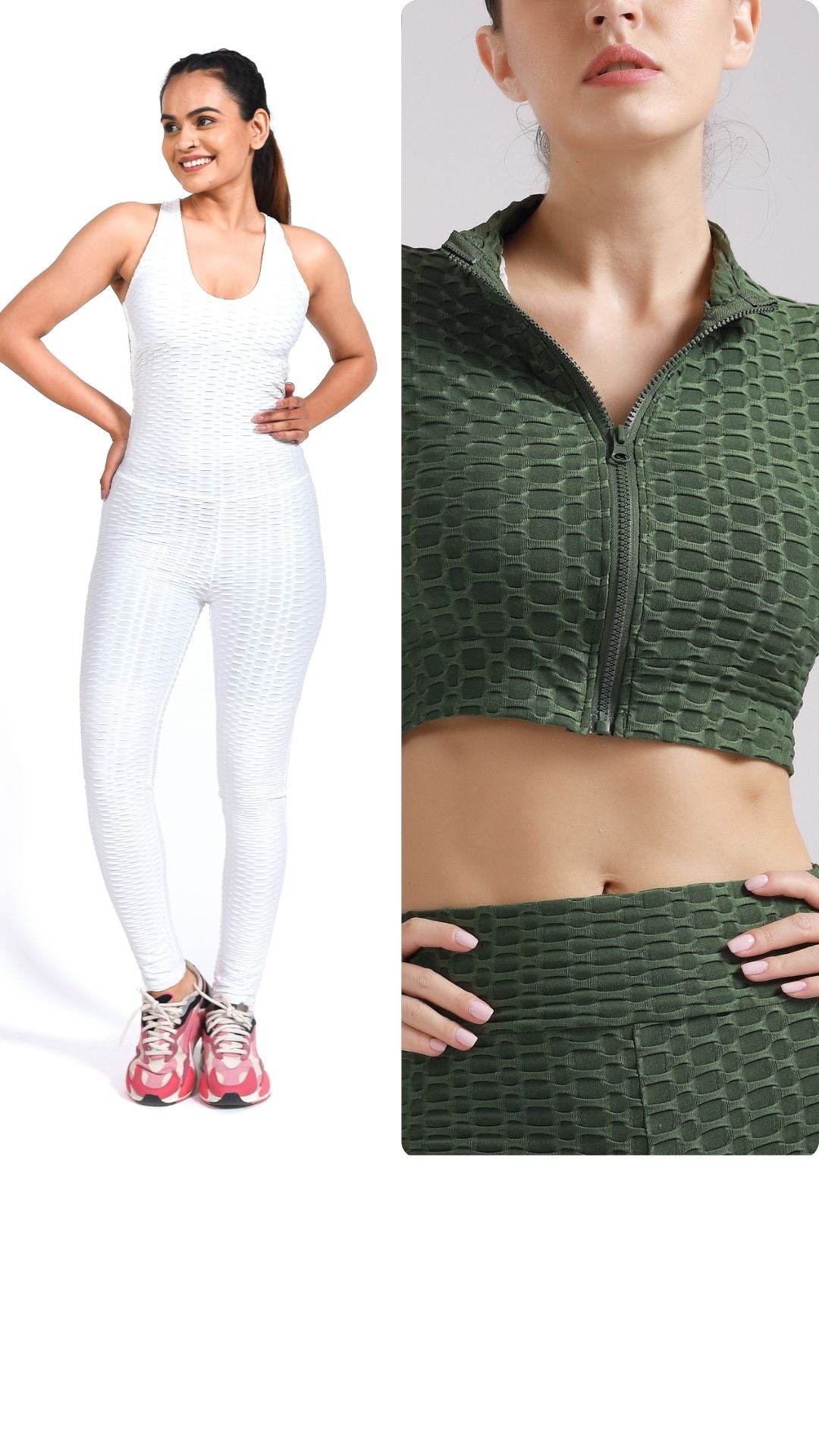 GYMSQUAD® COMBO OF ANTI-CELLULITE AND PUSH UP WHITE JUMPSUIT & GREEN JACKET