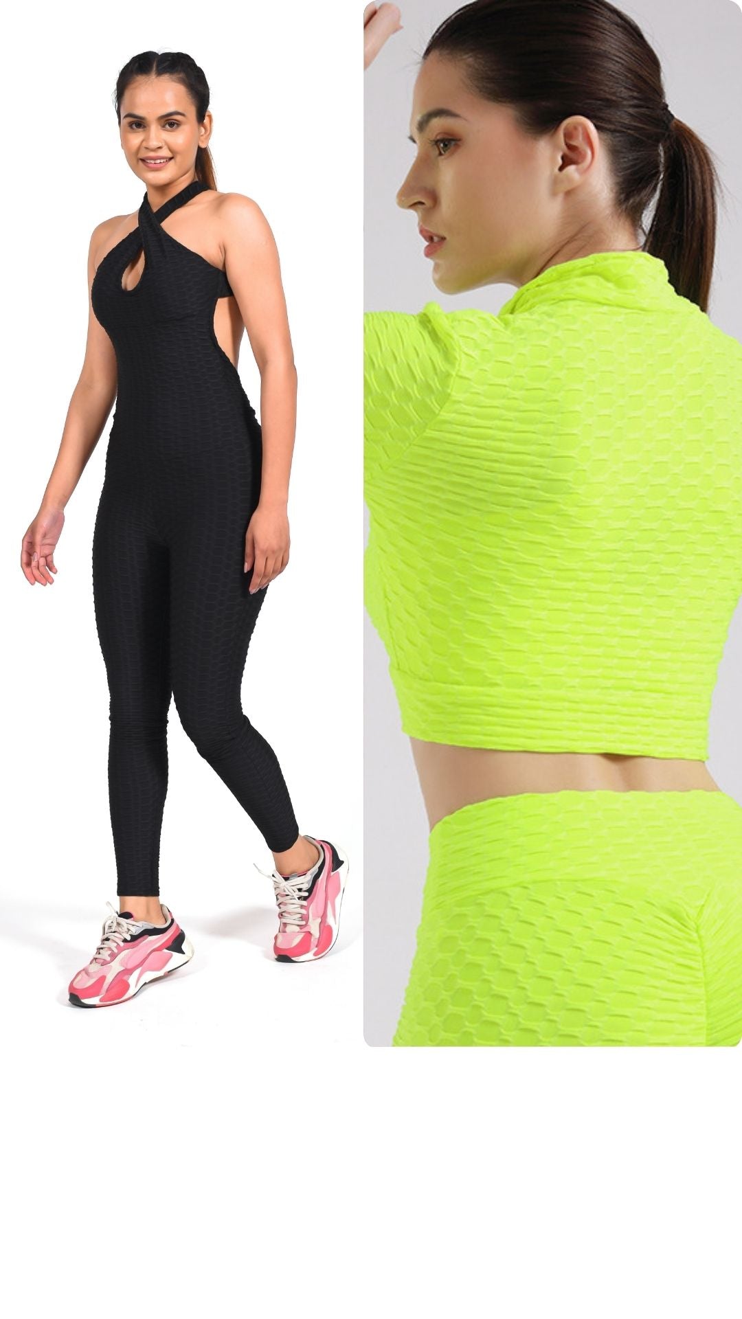GYMSQUAD® COMBO OF ANTI-CELLULITE AND PUSH UP BLACK JUMPSUIT & YELLOW/NEON GREEN JACKET
